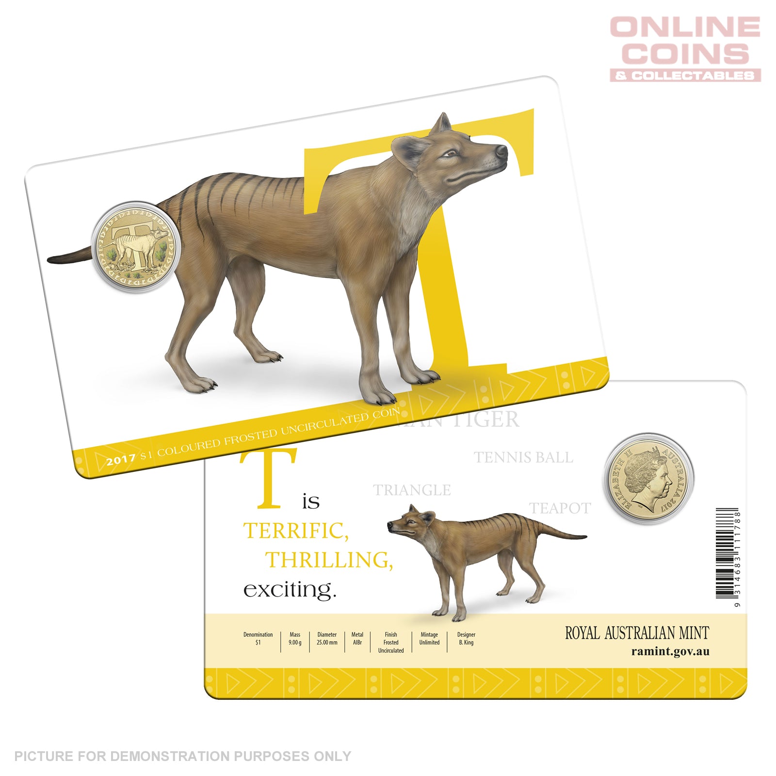 2017 $1 Coloured Alphabet Frosted Uncirculated Coin In Card - T For Tasmanian Tiger